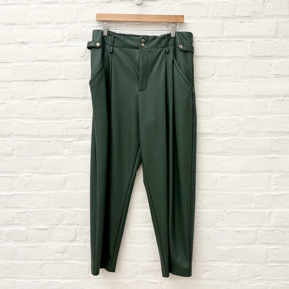 Anthropologie || Maeve Faux Leather Taper Pleated Pants Green 14 - Picture 2 of 11